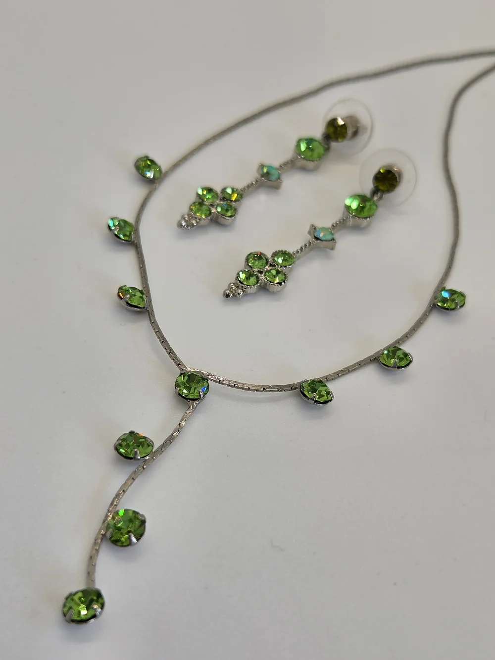 Green Crystal Drop Necklace and Earrings Set